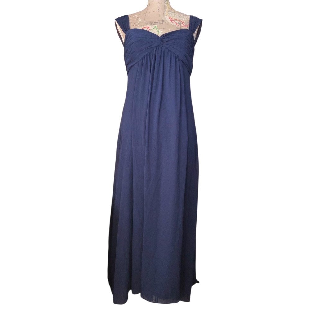 David's Bridal Size 10 Navy Blue Wide Strap Twist Bodice Chiffon Maxi Dress